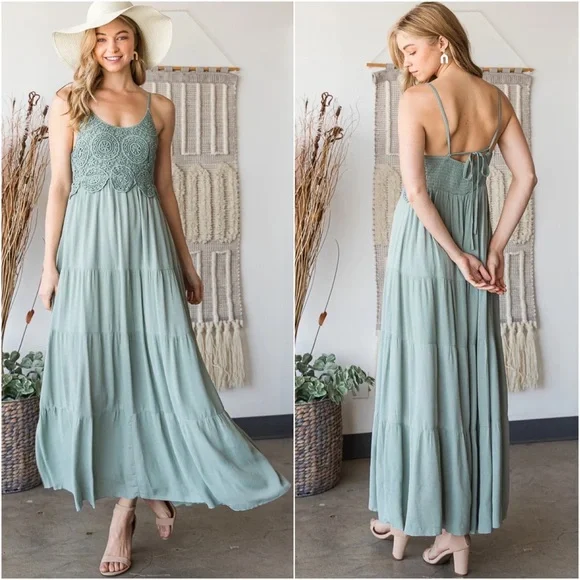 1 LEFT! Sage Green Crochet Lace Long Maxi Dress Smocked - Picture 3 of 6